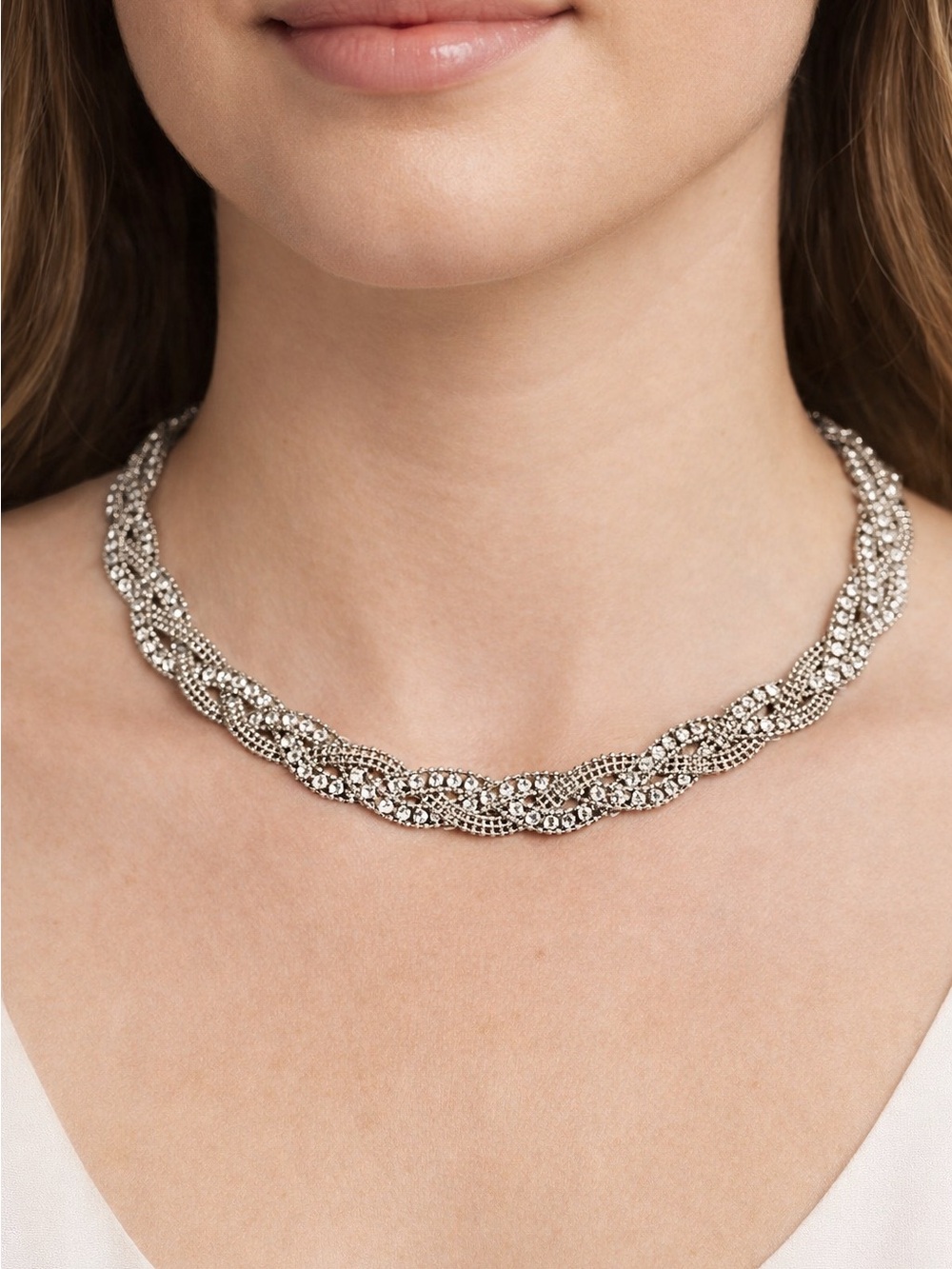 😍SHOW SPECIAL Joe Fresh Silvertone Braided Crystal Accent Necklace NWT